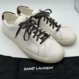 Saint Laurent Sz 39 White Sneakers Shoes Leopard Print Laces Designer